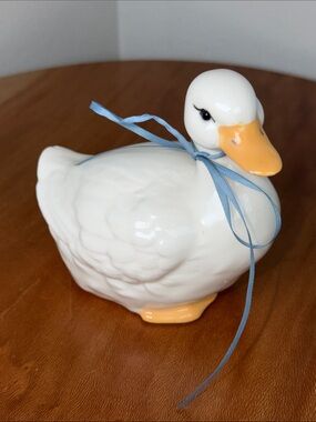 Vintage Hand Crafted Hand Made Ceramic Duck White Yellow Blue Bow Farmhouse